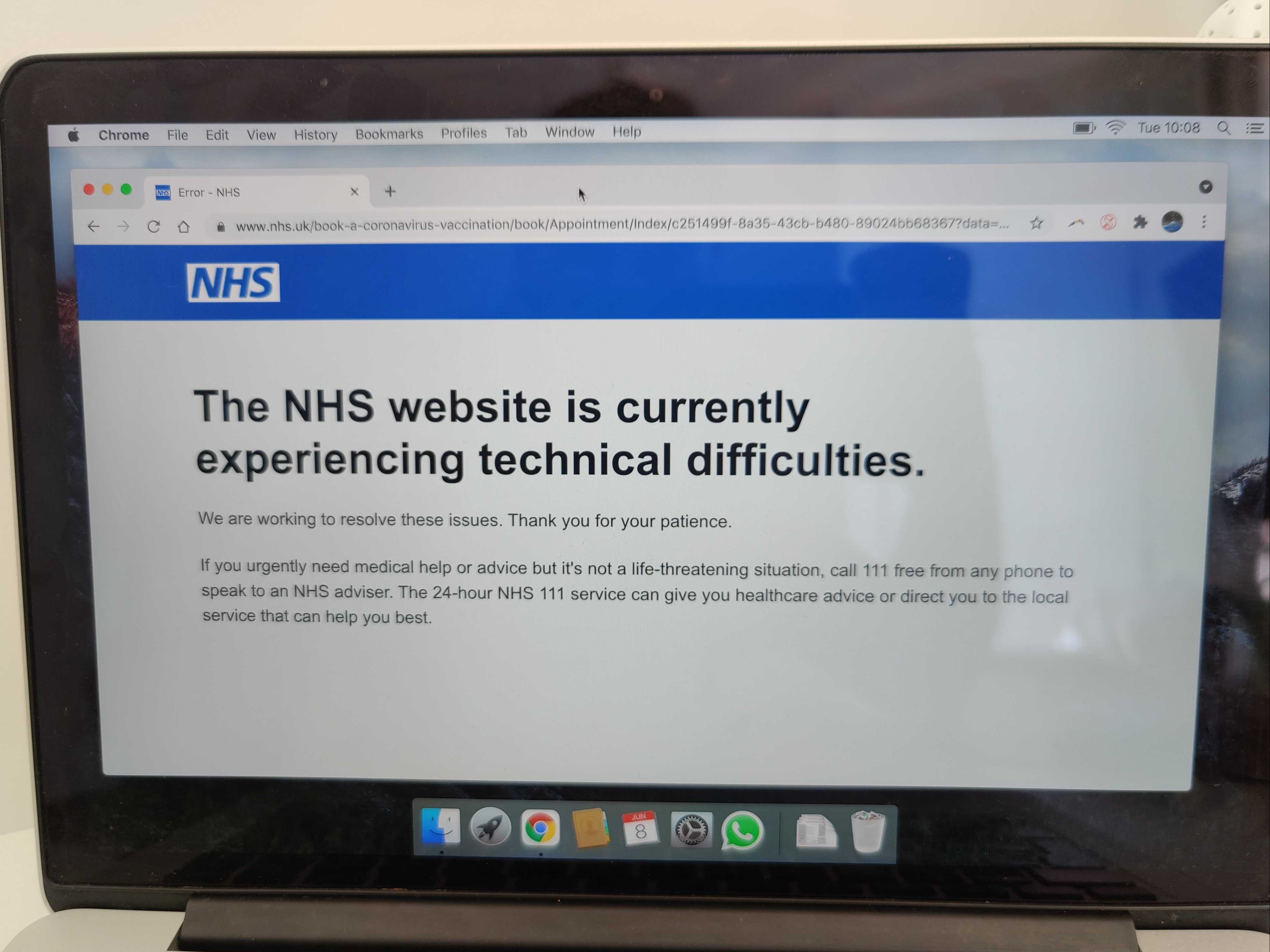 People trying to book their Covid vaccine online were also told the NHS website was ‘experiencing technical difficulties’ on Tuesday morning