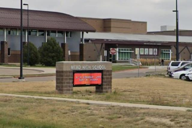 <p>The headteacher of Mead High School in Colorado, pictured, has stepped down after a group of students were reportedly photographed reenacting the murder of George Floyd in the school’s parking lot</p>