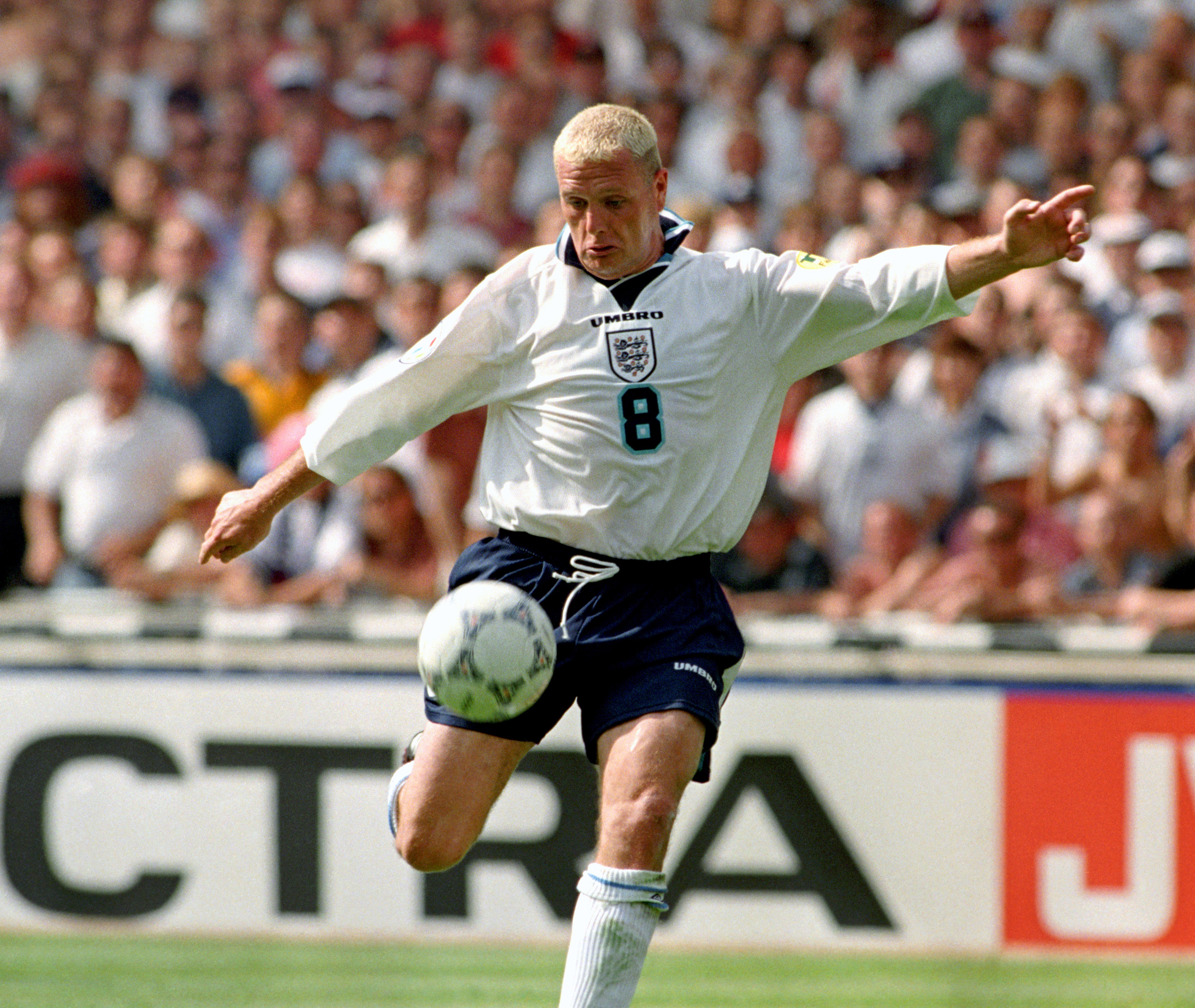 Paul Gascoigne scores England’s second goal in the Euro 96 match against Scotland, at Wembley