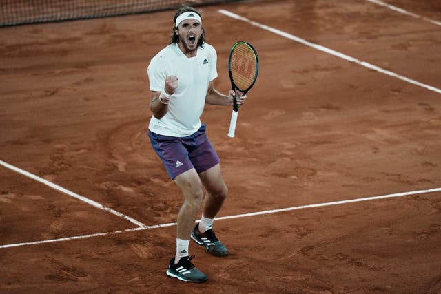 Stefanos Tsitsipas of Greece celebrates after defeating Daniil Medvedev at the French Open
