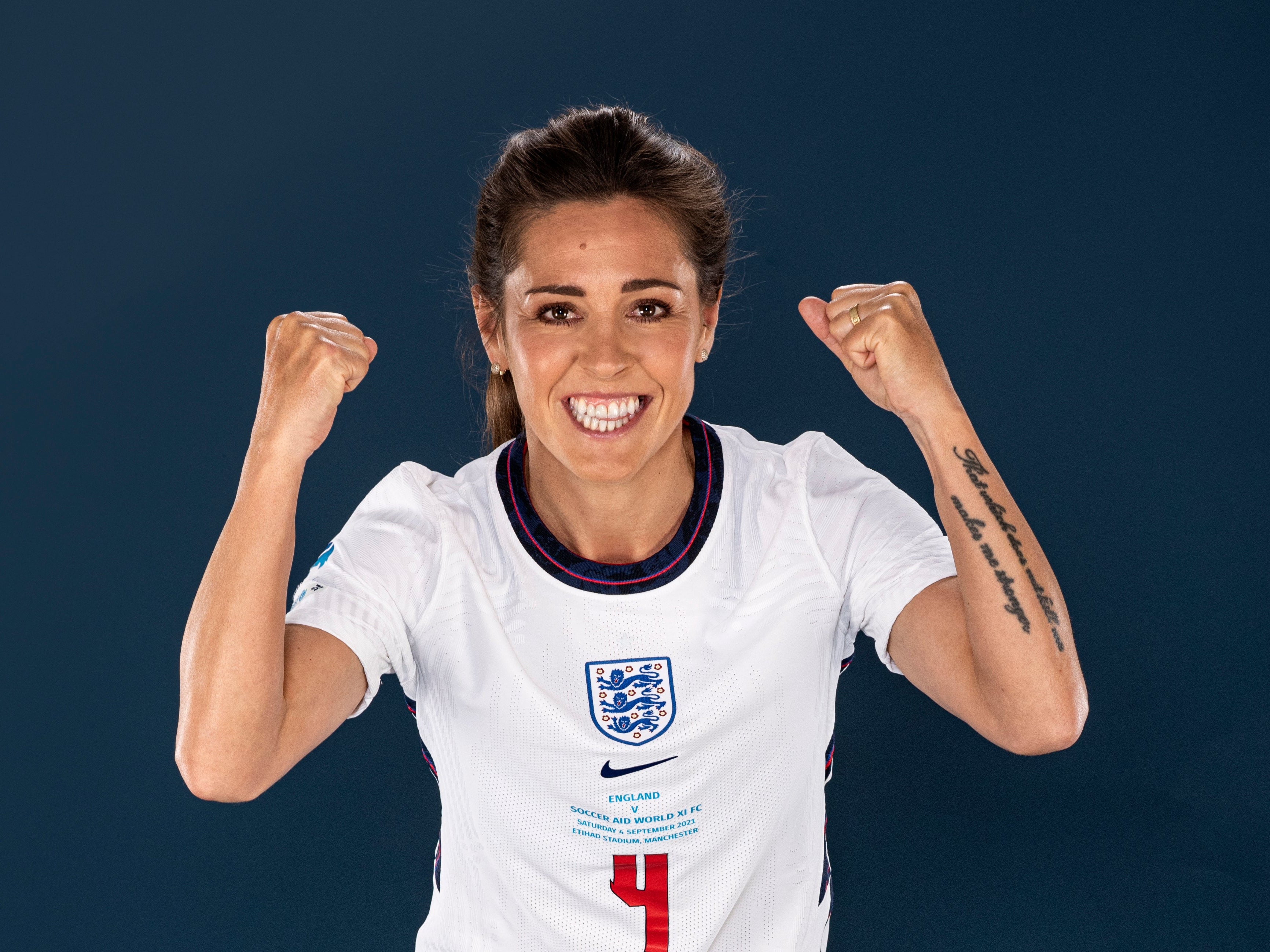Fara Williams poses in a Soccer Aid for UNICEF football kit for the launch of Soccer Aid for UNICEF 2021