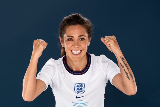 <p>Fara Williams poses in a Soccer Aid for UNICEF football kit for the launch of Soccer Aid for UNICEF 2021</p>