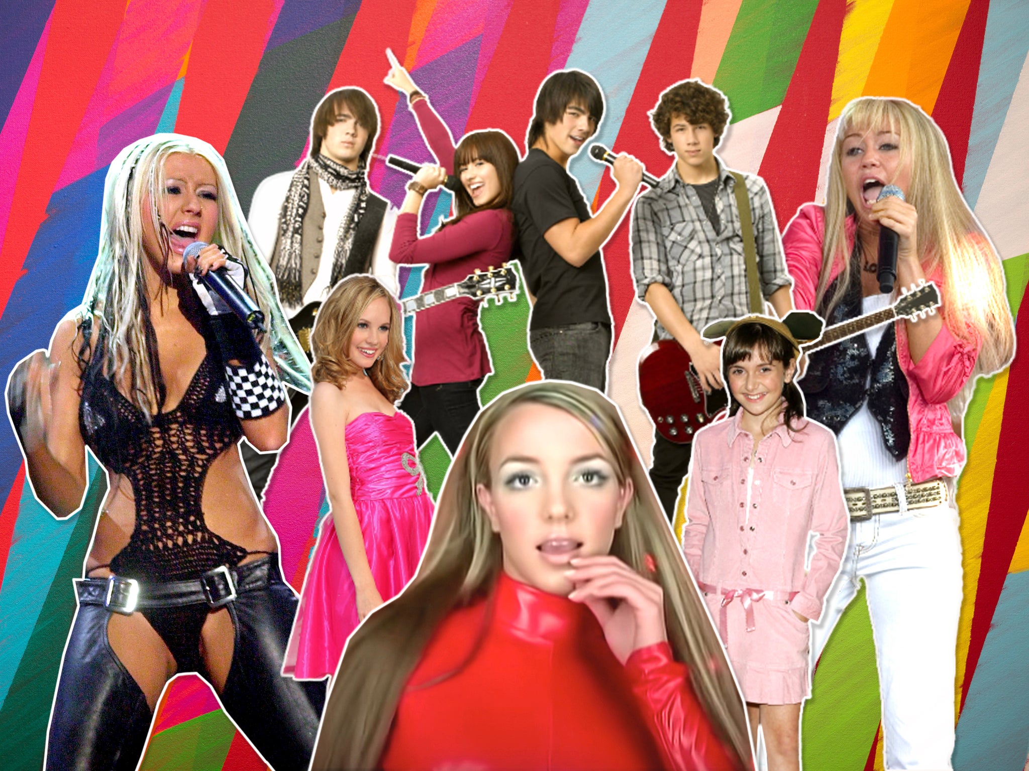 Growing pains (clockwise from left): Christina Aguilera, Demi Lovato and the Jonas Brothers from Camp Rock, Miley Cyrus as Hannah Montana, Alyson Stoner, Britney Spears and Meaghan Martin