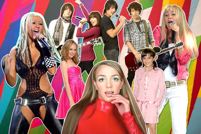 <p>Growing pains (clockwise from left): Christina Aguilera, Demi Lovato and the Jonas Brothers from Camp Rock, Miley Cyrus as Hannah Montana, Alyson Stoner, Britney Spears and Meaghan Martin</p>