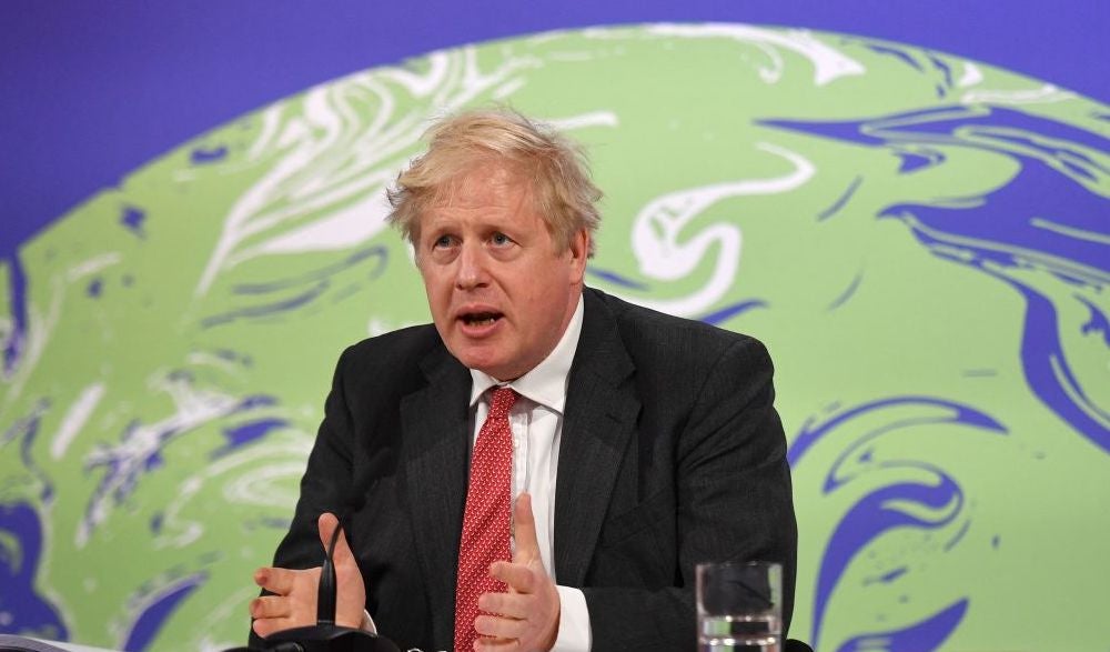 Boris Johnson speaks during the opening session of the virtual Leaders’ Summit on Climate from Downing Street in April