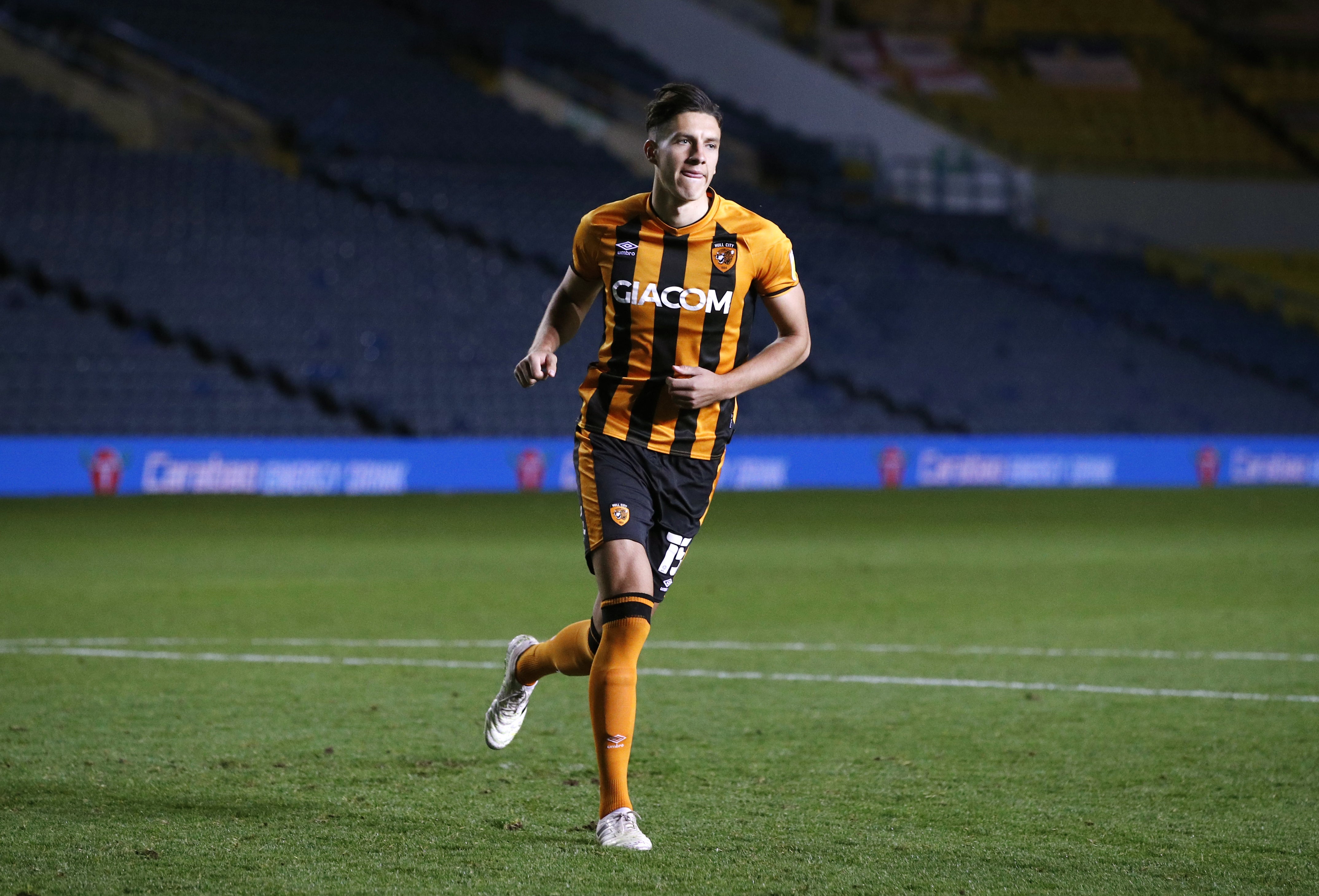 Alfie Jones playing for Hull against Leeds in the Carabao Cup