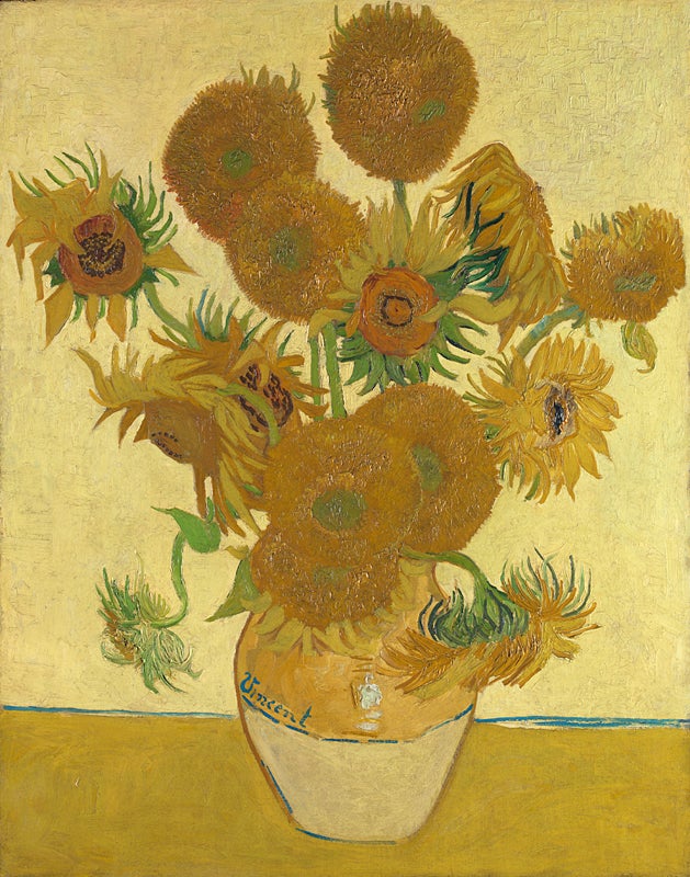 The sunflowers represent the cycle of life: about to bloom, blooming, wilting, and dead