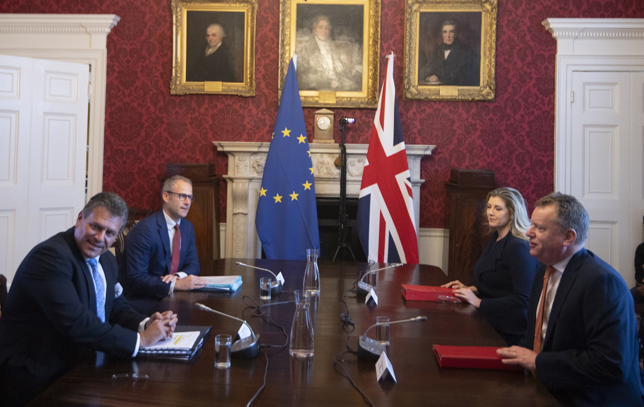 Brexit minister Lord Frost, flanked by Penny Mordaunt, sitting opposite Maros Sefcovic and Richard Szostak