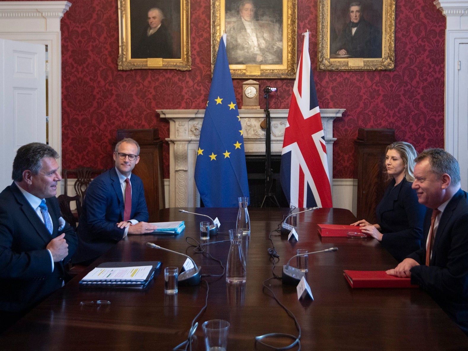 <p>David Frost, right, speaks to his EU counterpart Maros Sefcovic earlier this month. There have been many, many discussions over Brexit during the last five years</p>