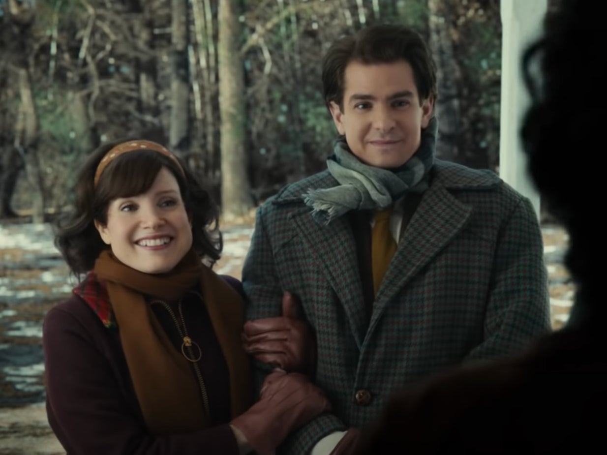 <p>Jessica Chastain as Tammy Faye and Andrew Garfield as Jim Bakker in ‘The Eyes of Tammy Faye'</p>