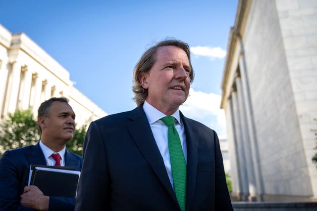 <p>Former White House counsel Don McGahn leaves Capitol Hill after closed door meeting with the House Judiciary Committee on June 4, 2021 in Washington, DC</p>