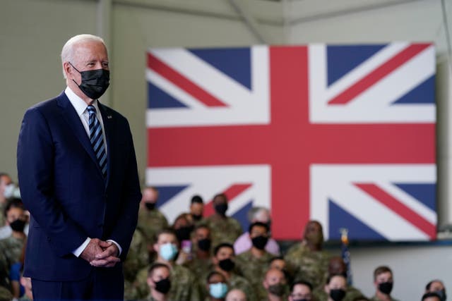 <p>President Joe Biden spoke to troops after landing at RAF Mildenhall in Suffolk</p>