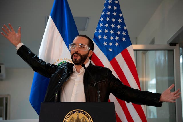 <p>El Salvador’s president Nayib Bukele, accompanied by US Ambassador to El Salvador Ronald Johnson (out of frame), speaks during a joint press conference at Rosales Hospital in San Salvador </p>