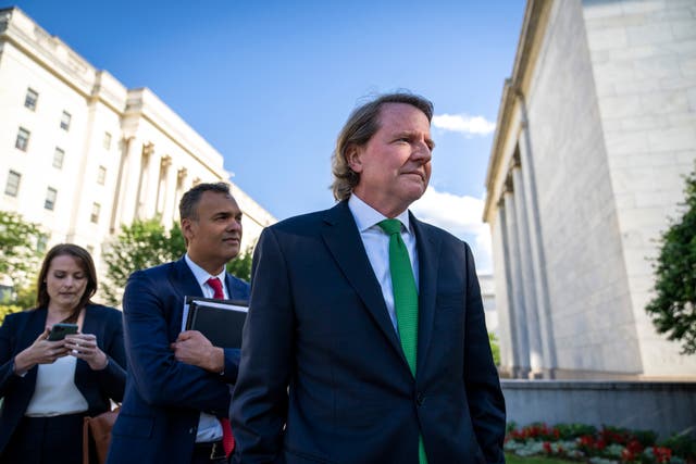 <p>Former White House counsel Don McGahn leaves Capitol Hill after closed door meeting with the House Judiciary Committee on  4 June 2021 in Washington, DC. McGahn, a witness in special counsel Robert Mueller’s investigation, was first subpoenaed by the committee two years ago but was blocked from appearing by the White House </p>