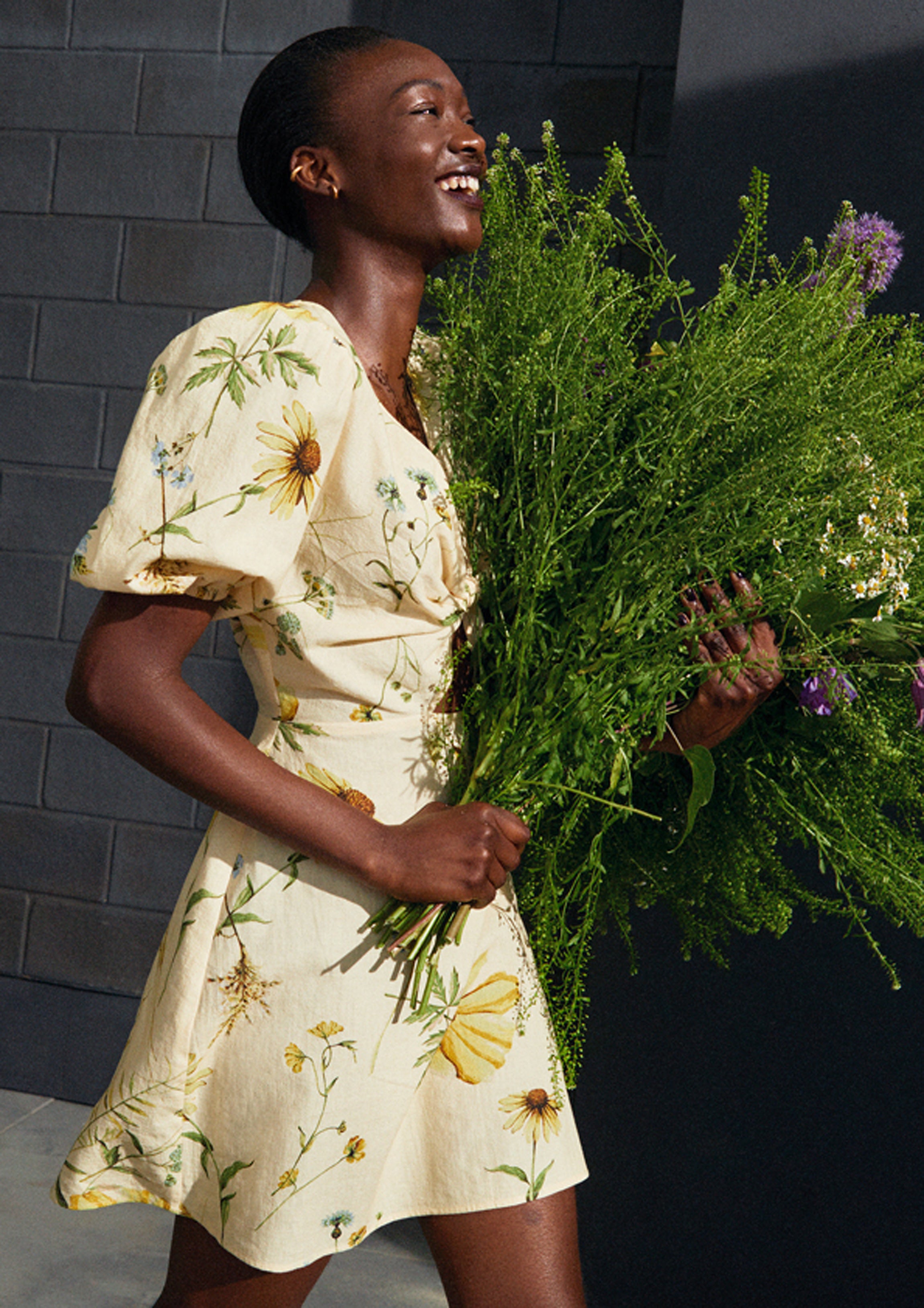 H&M Linen-Blend Dress in Light Yellow/Floral, ?19.99