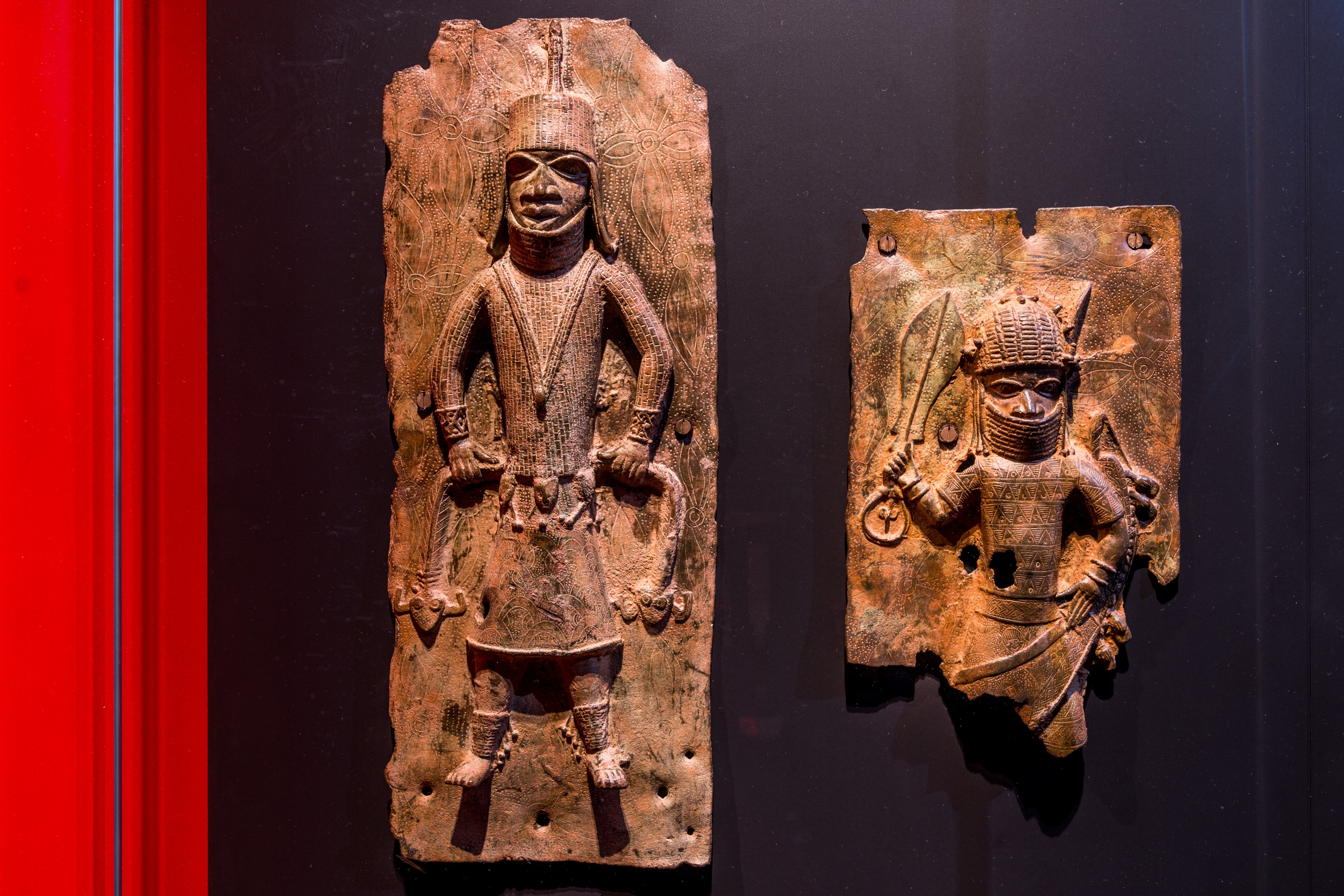 Sculptures looted by British soldiers from the Kingdom of Benin in 1897 hangs on display in the ‘Where Is Africa’ exhibition at the Linden Museum on May 05, 2021 in Stuttgart, Germany