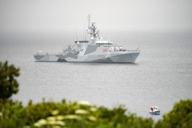 <p>HMS Tamar is pictured in the waters off St Ives, Cornwall, on 9 June, 2021. </p>