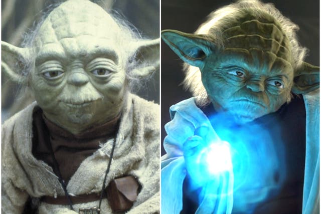 <p>The puppet Yoda in the original Star Wars films, and his CGI replacement in ‘Attack of the Clones’</p>