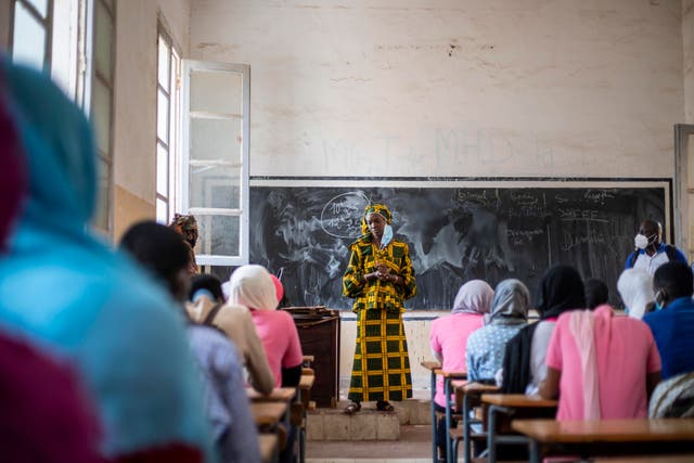 <p>Madame Sakho, a teacher at a school in Saint Louis, Senegal, where MSI provides information</p>