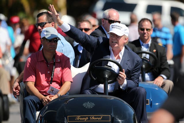 <p>Donald Trump makes an appearance prior to the start of play during the final round of the World Golf Championships-Cadillac Championship at Trump National Doral Blue Monster Course  on March 6, 2016 in Doral, Florida.  </p>