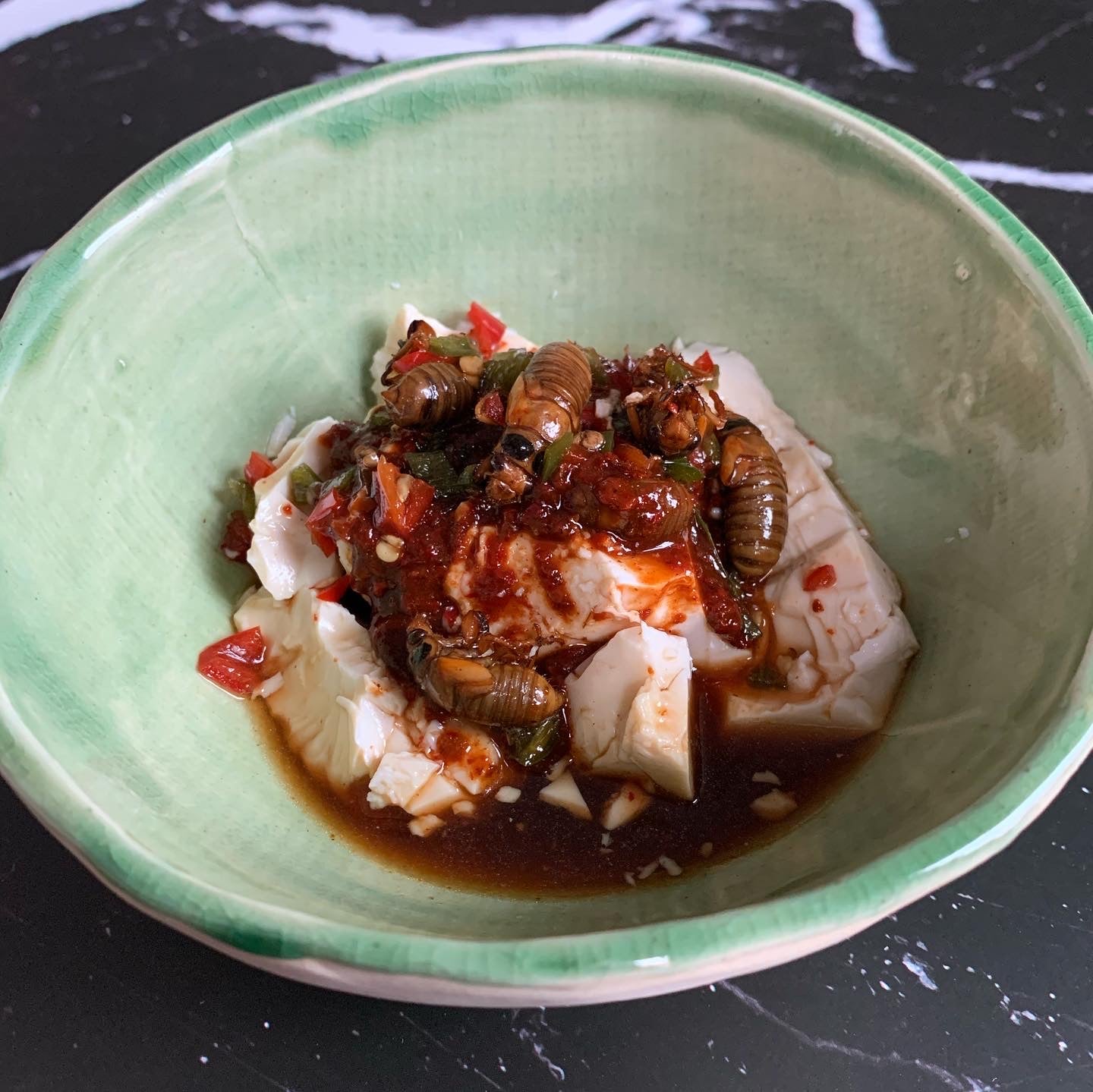 Cicada nymphs, pickles and tofu in a soy marinade