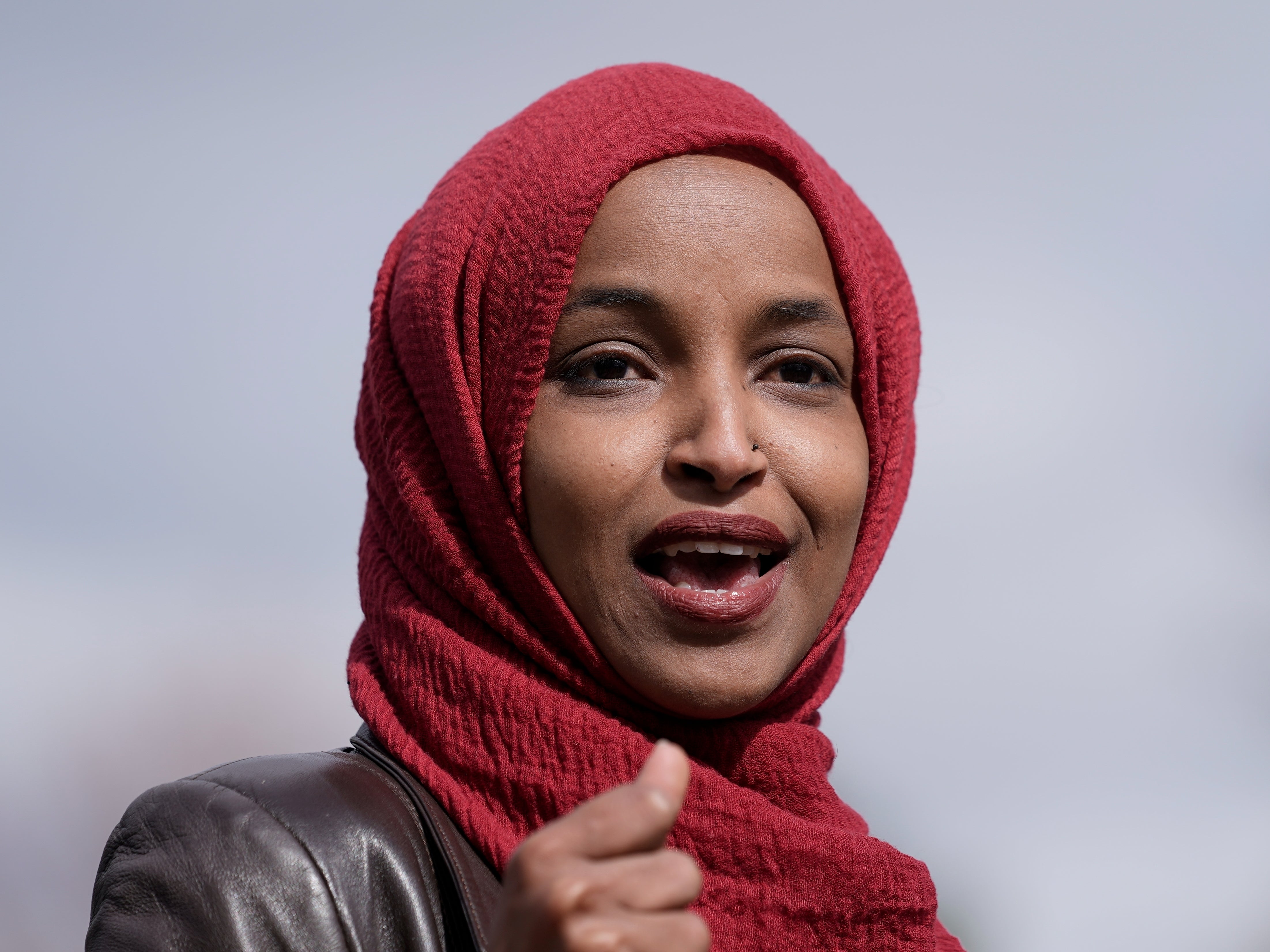 Representative Ilhan Omar speaks in Brooklyn Center, Minn., during a news conference at the site of the fatal shooting of Daunte Wright