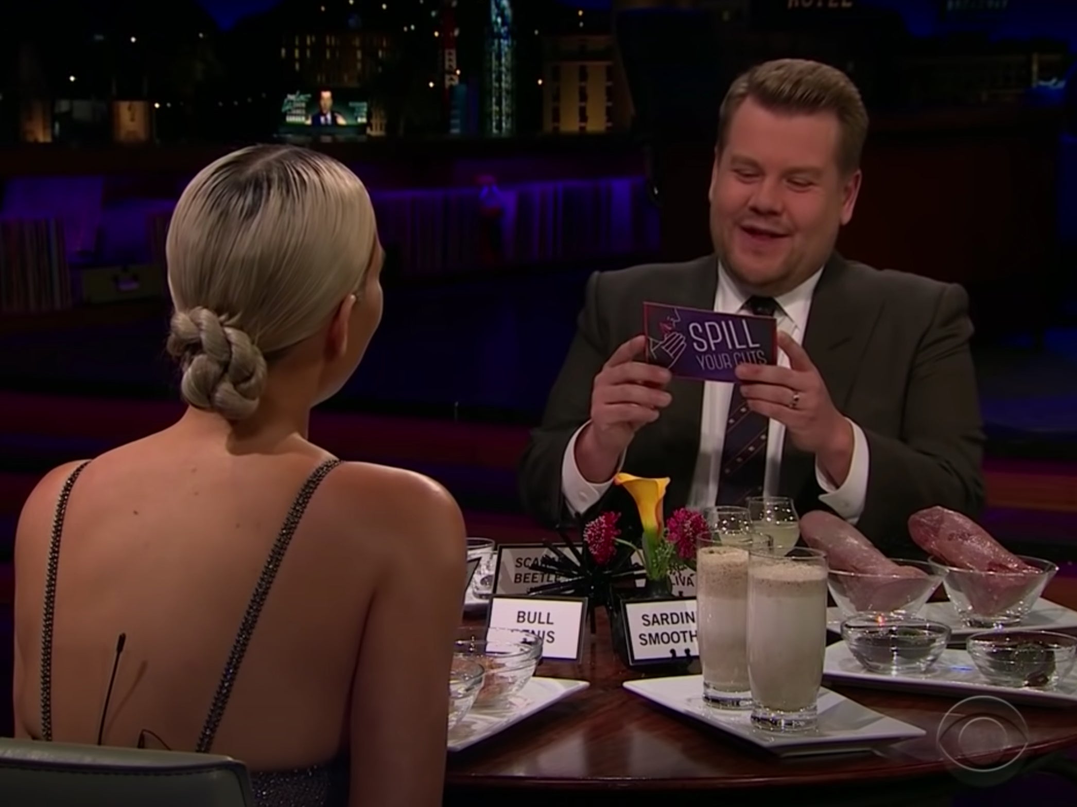 <p>James Corden plays ‘Spill Your Guts’ with Kim Kardashian</p>