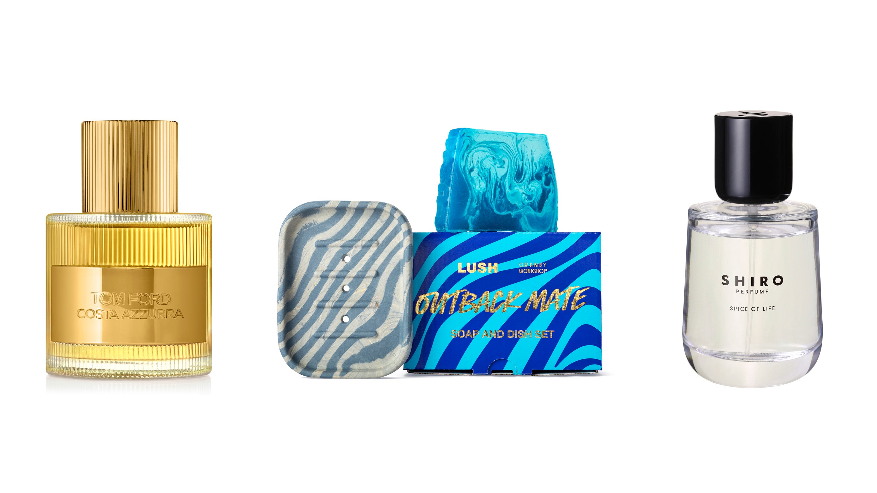 Tom Ford Costa Azzurra; Lush Outback Mate Soap & Dish Set; Shiro Perfume Spice of Life