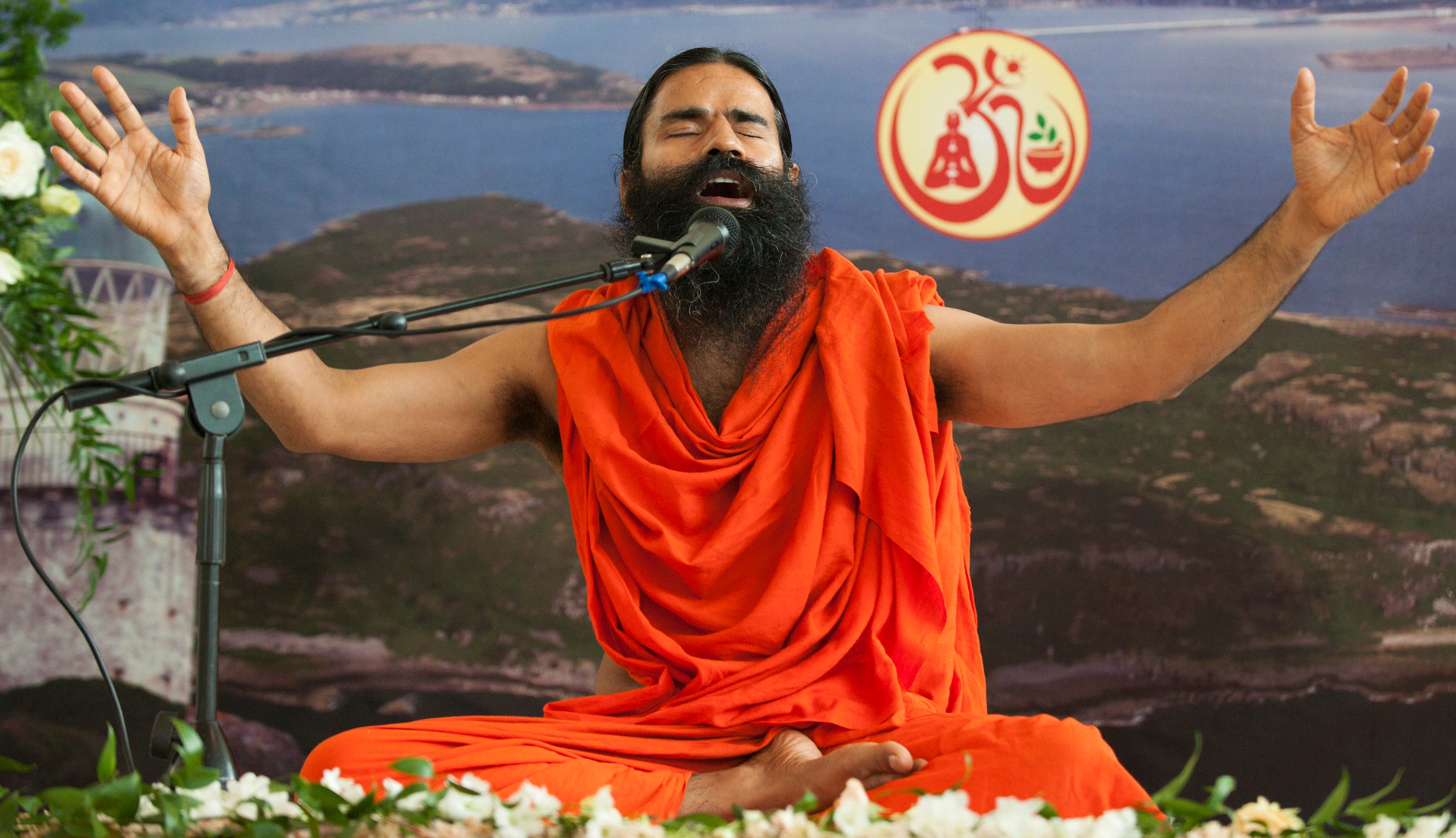 File: Ramdev at a yoga workshop in London on 11 July, 2010.
