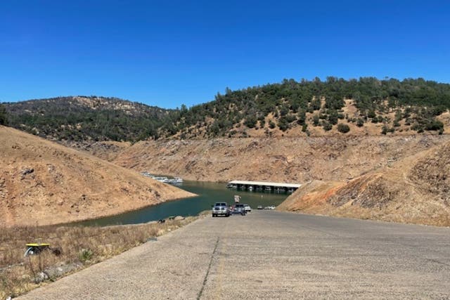 <p>The water level at Lake Oroville in northern California has dropped several hundred feet. It is expected to reach a record low later this summer </p>