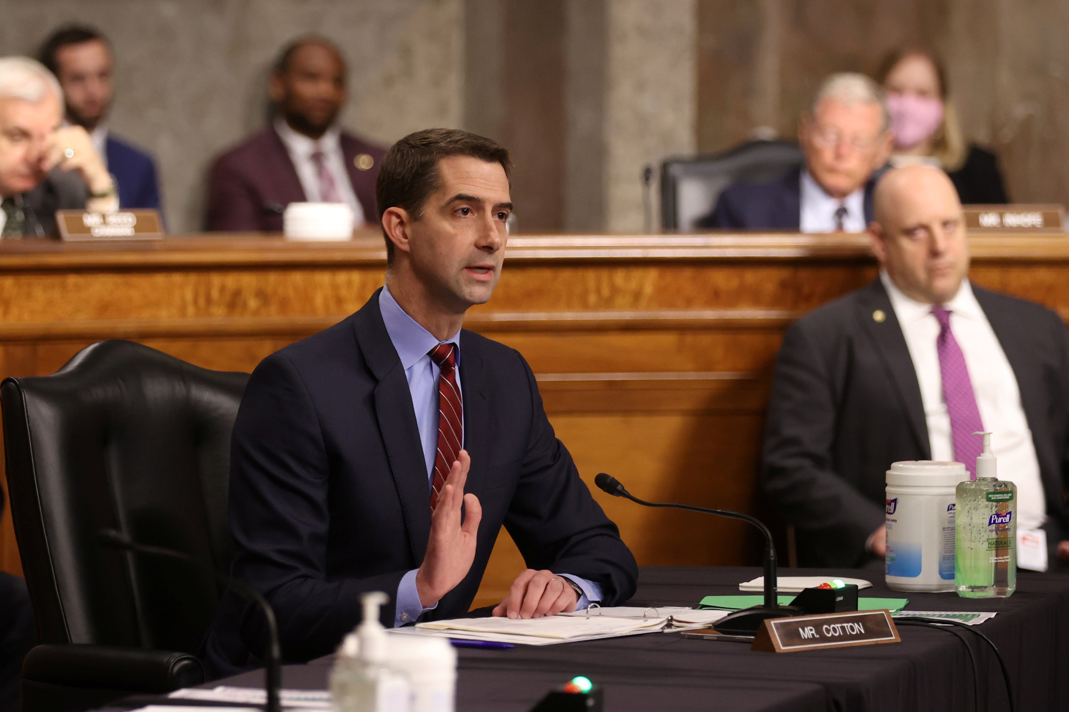 U.S. Senator Tom Cotton (R-AR) questions Secretary of Defense Lloyd Austin during a Senate Armed Services Committee hearing on the Pentagon's budget request, on Capitol Hill in Washington