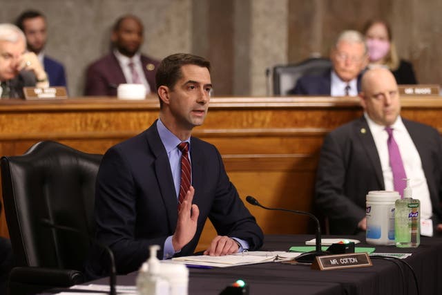 <p>U.S. Senator Tom Cotton (R-AR) questions Secretary of Defense Lloyd Austin during a Senate Armed Services Committee hearing on the Pentagon's budget request, on Capitol Hill in Washington</p>