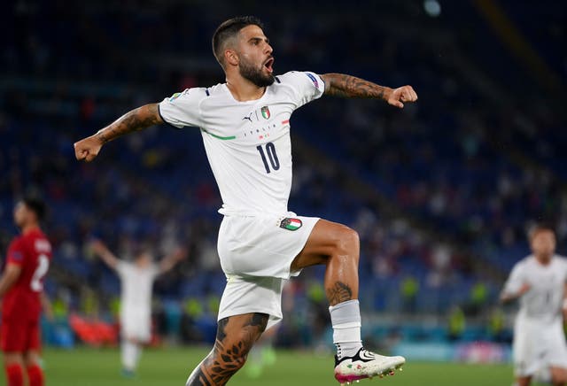 <p>Lorenzo Insigne celebrates scoring Italy third goal</p>