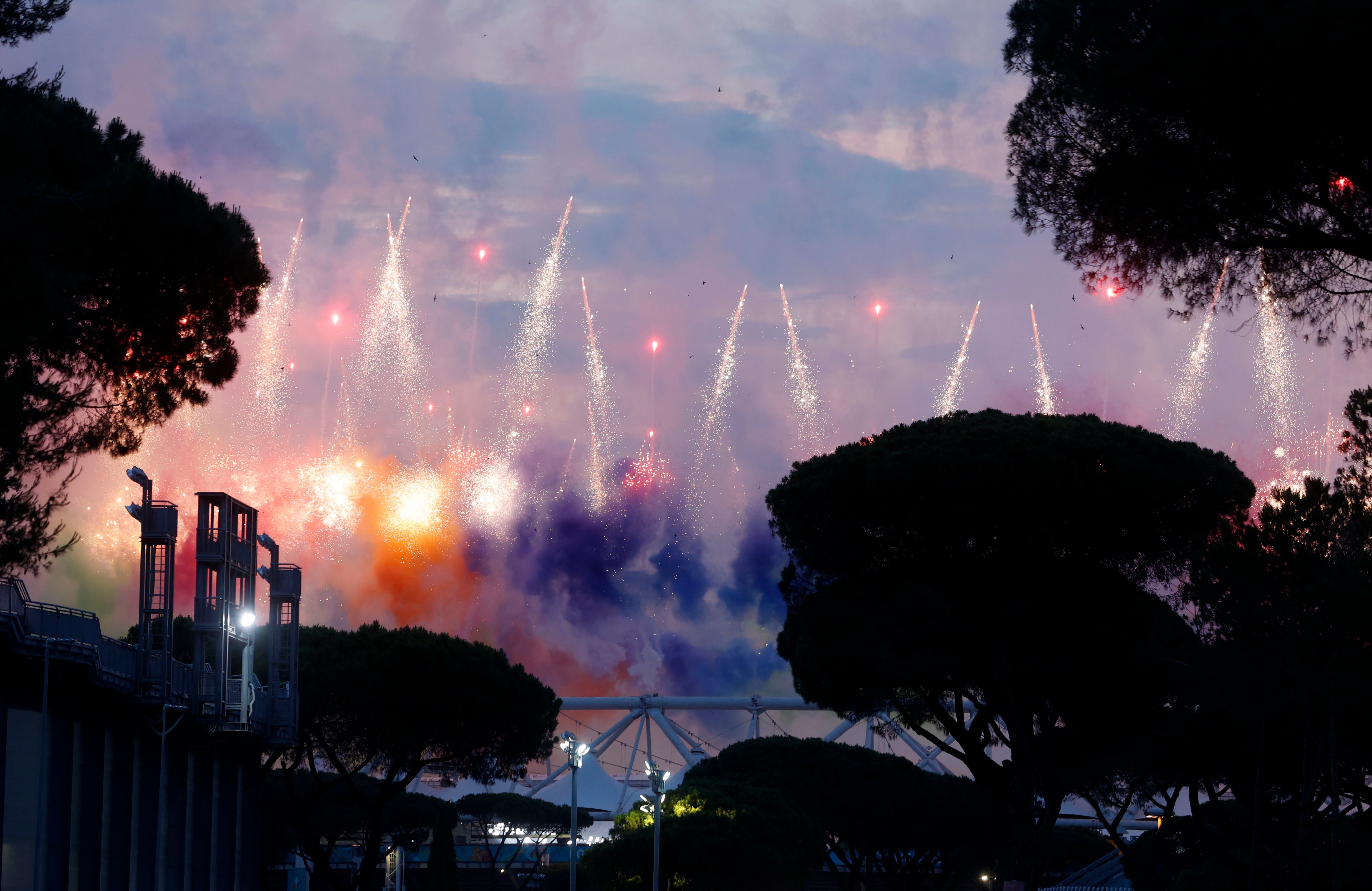 Fireworks illuminate the sky above Stadio Olimpico. Almost a year to the day since Euro 2020 was originally due to start, Rome staged the opening ceremony of the rescheduled tournament