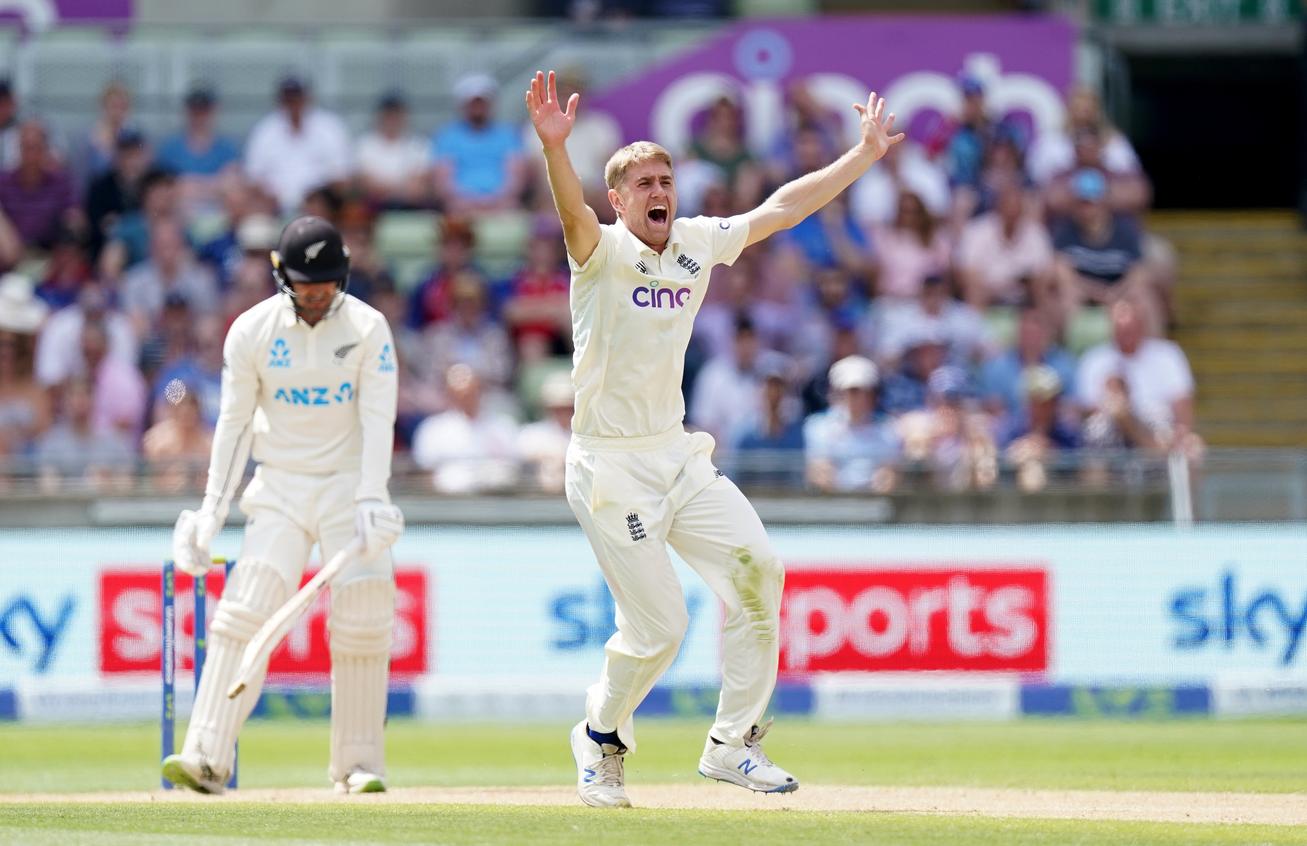England’s Olly Stone appeals unsuccessfully for the wicket of New Zealand’s Tom Blundell