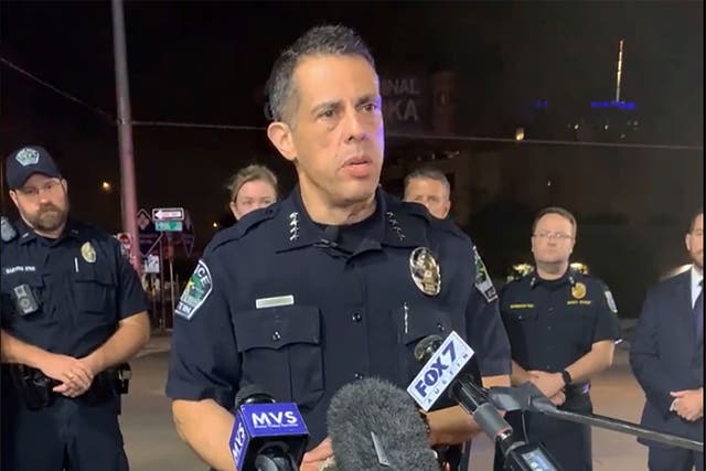<p>Austin interim police chief Joseph Chacon briefs reporters after a shooting in Austin, Texas</p>