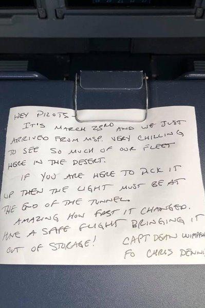 A handwritten note by a Delta Air Lines pilot dates back to the fearful moment the airline parked much of its fleet in a California desert