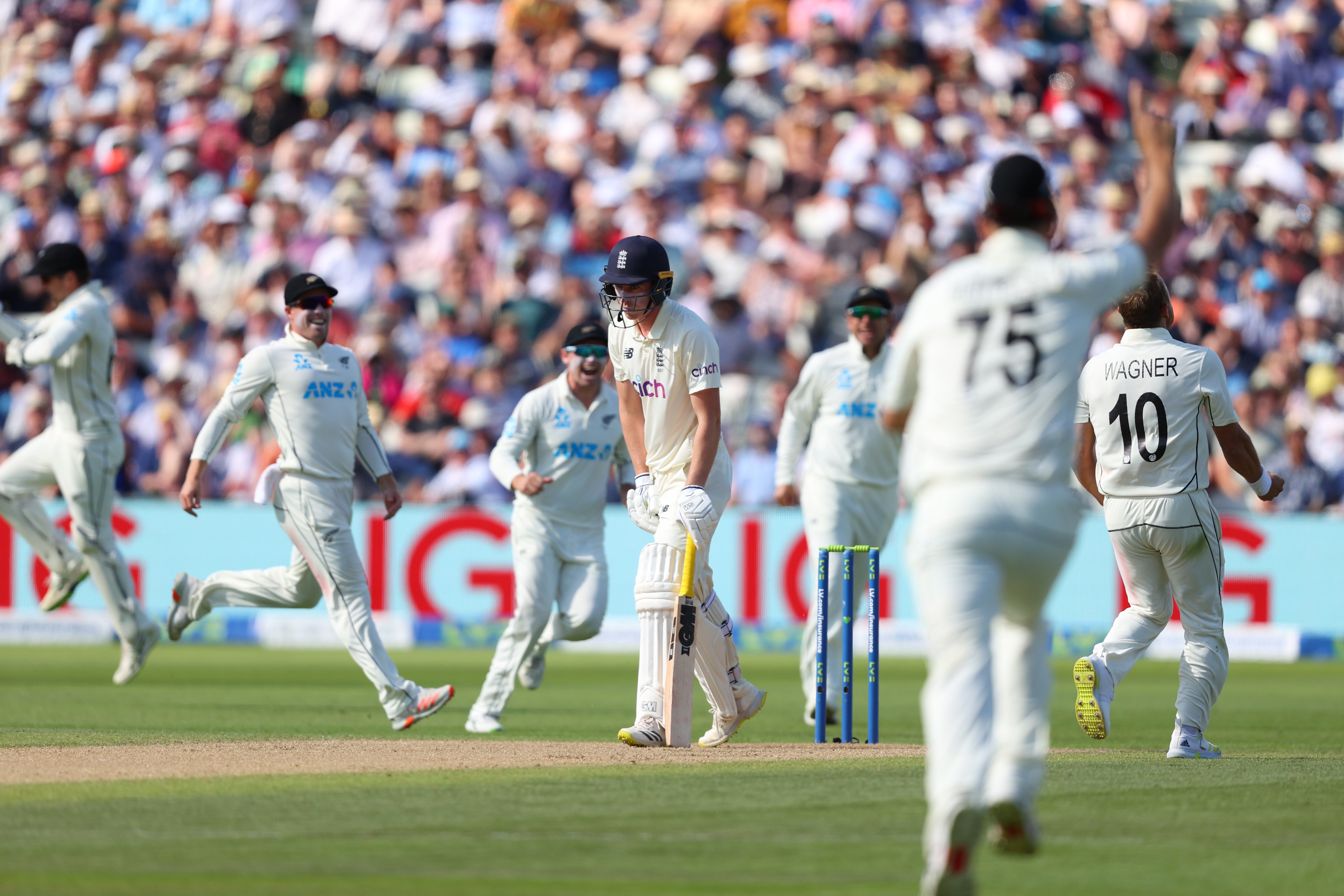 England batsman Dan Lawrence is dismissed by New Zealand bowler Neil Wagner for 0