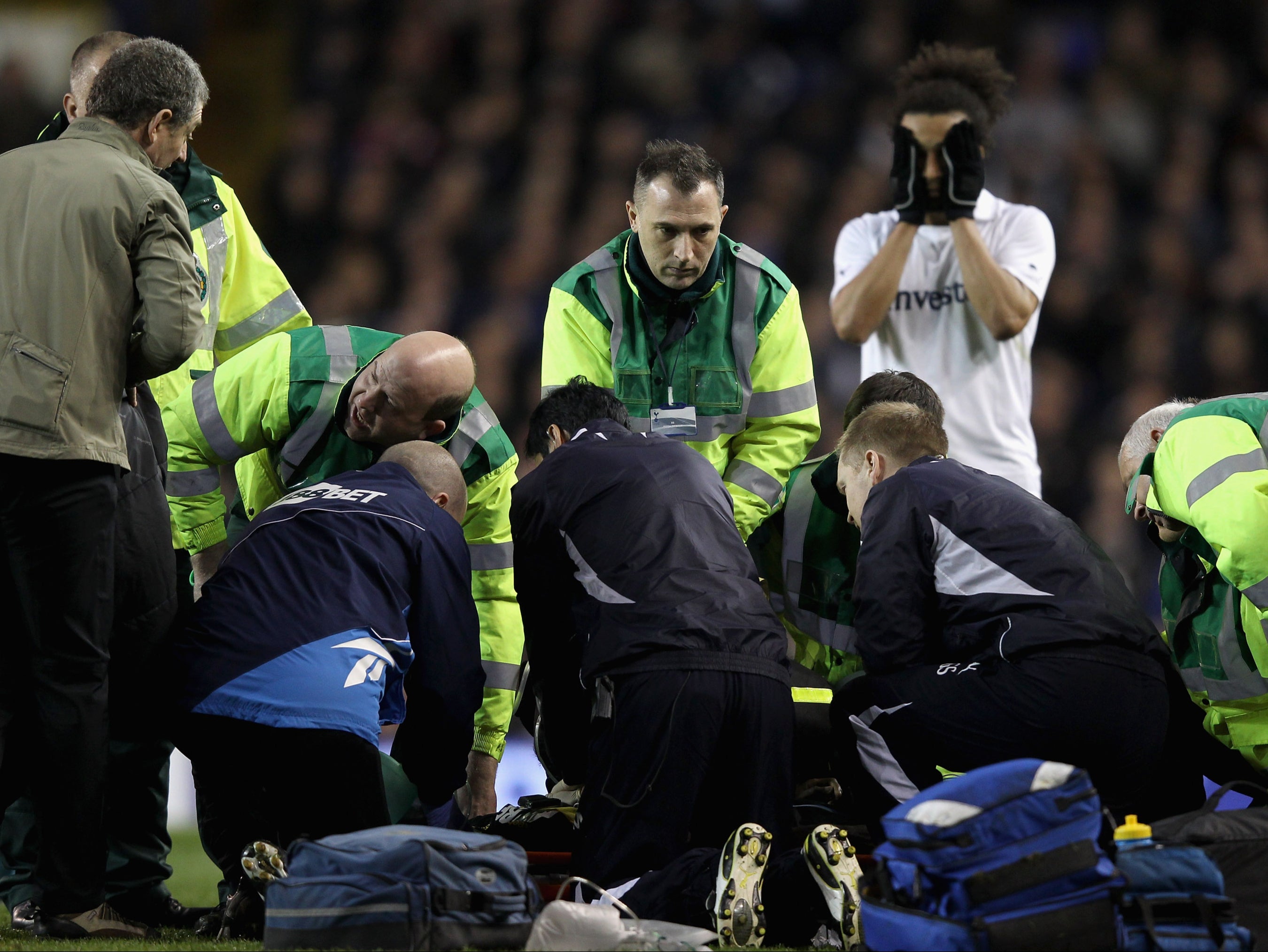 Fabrice Muamba receives CPR after collapsing on the pitch at White Hart Lane on 17 March 2012