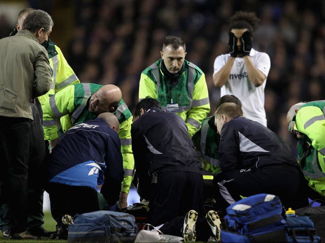 <p>Fabrice Muamba receives CPR after collapsing on the pitch at White Hart Lane on 17 March 2012</p>