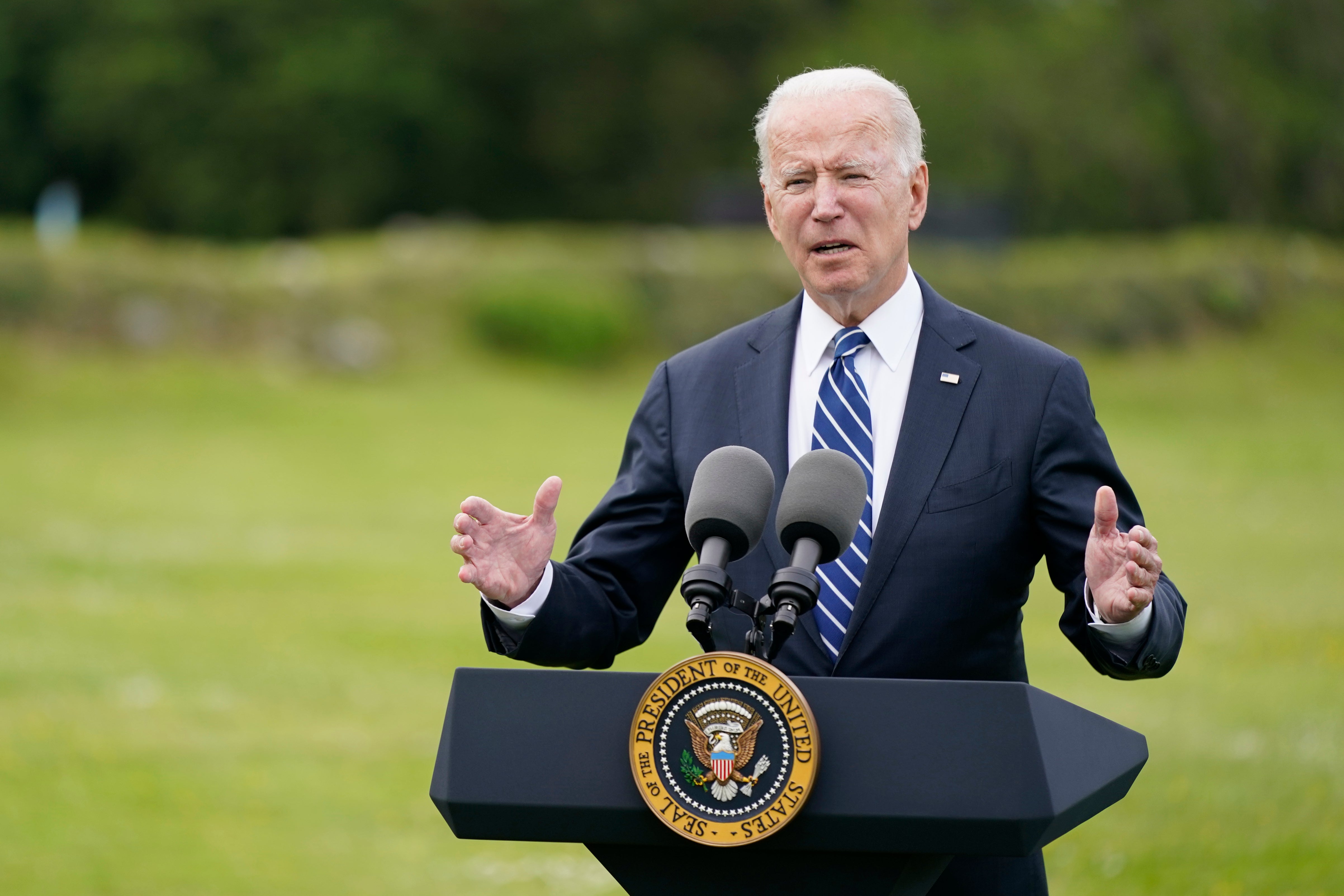 US President Joe Biden speaks at the G7 summit.
