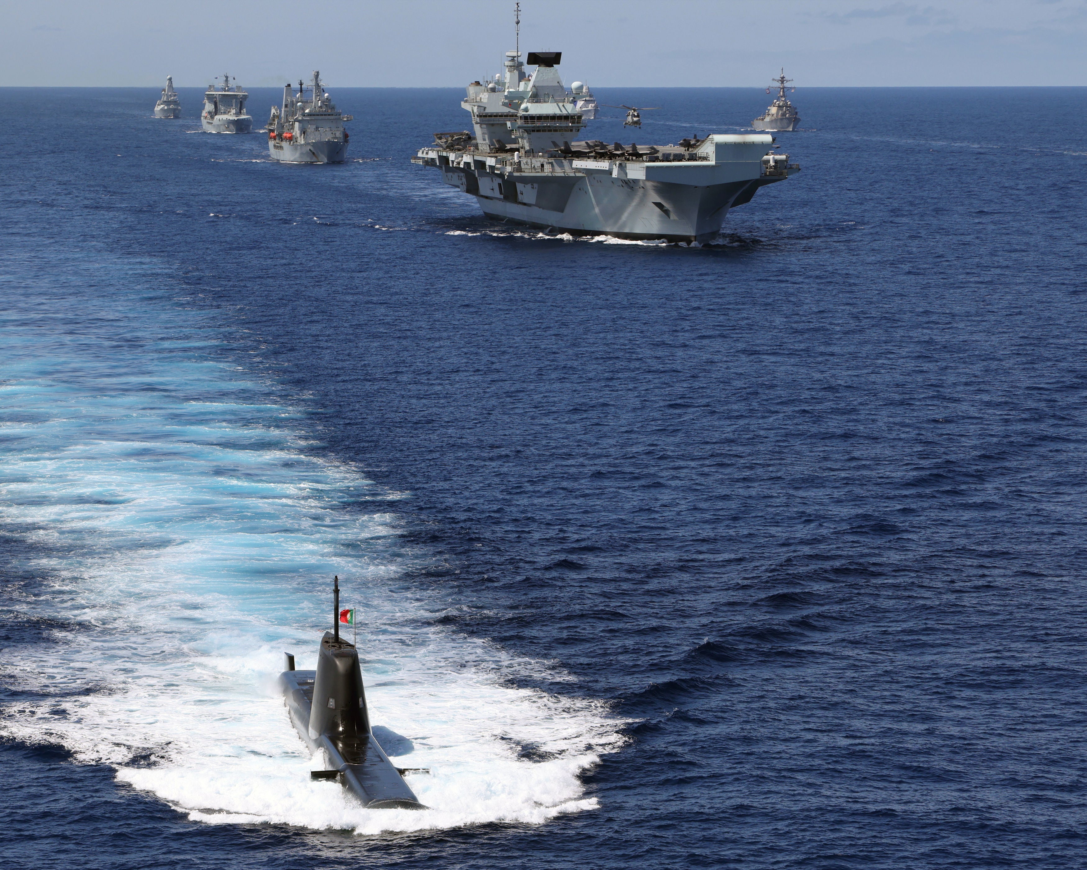 <p>The Nato standing maritime group with the UK’s carrier strike group including the aircraft carrier HMS Queen Elizabeth in the eastern Atlantic</p>
