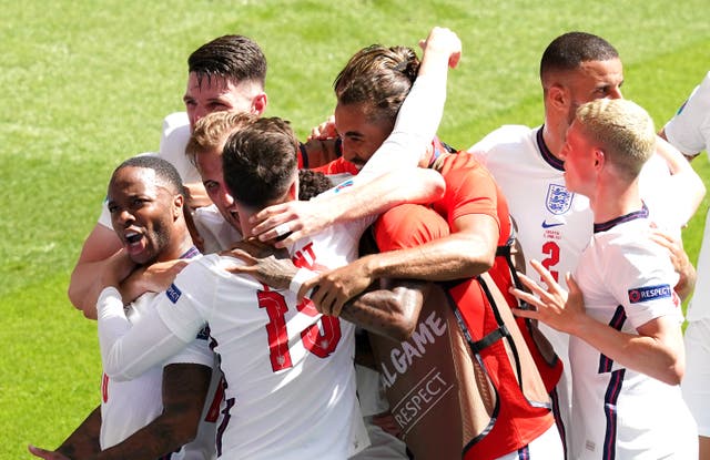 <p>England celebrate Raheem Sterling's goal</p>