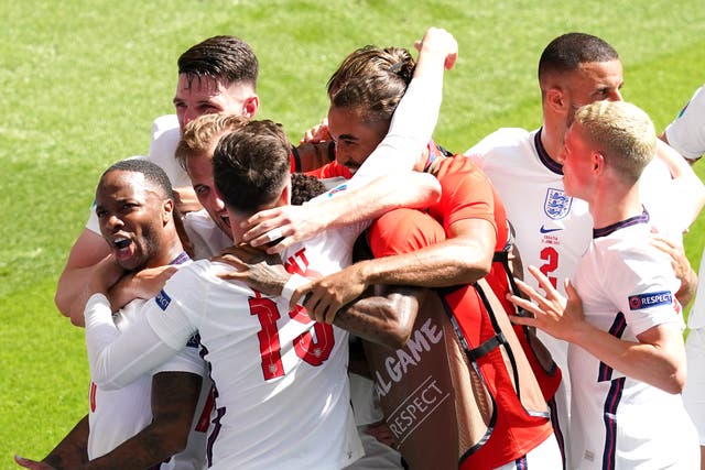 <p>England celebrate Raheem Sterling's goal</p>