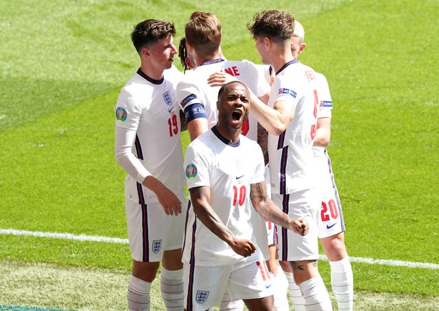 England’s Raheem Sterling (centre) celebrates scoring