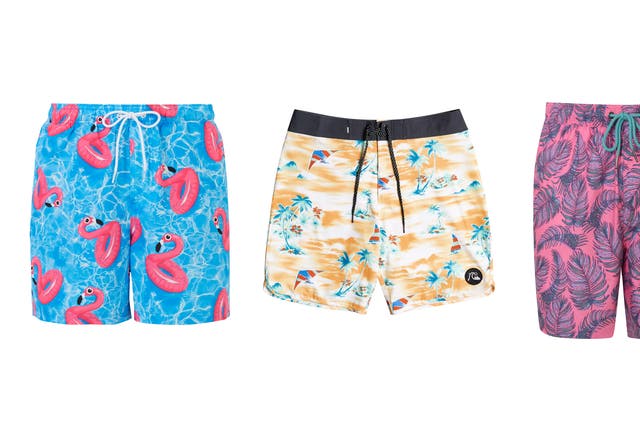 Marks and Spencer Collection Quick Dry Flamingo Print Swim Shorts; Quiksilver Surfsilk Mystic Sessions 19" Board Shorts for Men; Matalan Palm Leaf Print Swim Shorts