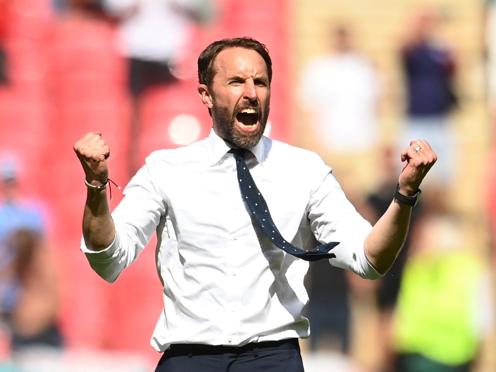 Home ground: England manager Gareth Southgate celebrates England’s wining goal against Croatia at Wembley