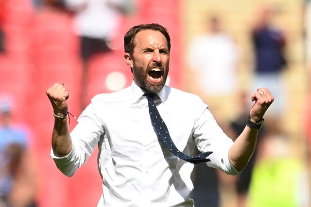 <p>Home ground: England manager Gareth Southgate celebrates England’s wining goal against Croatia at Wembley</p>
