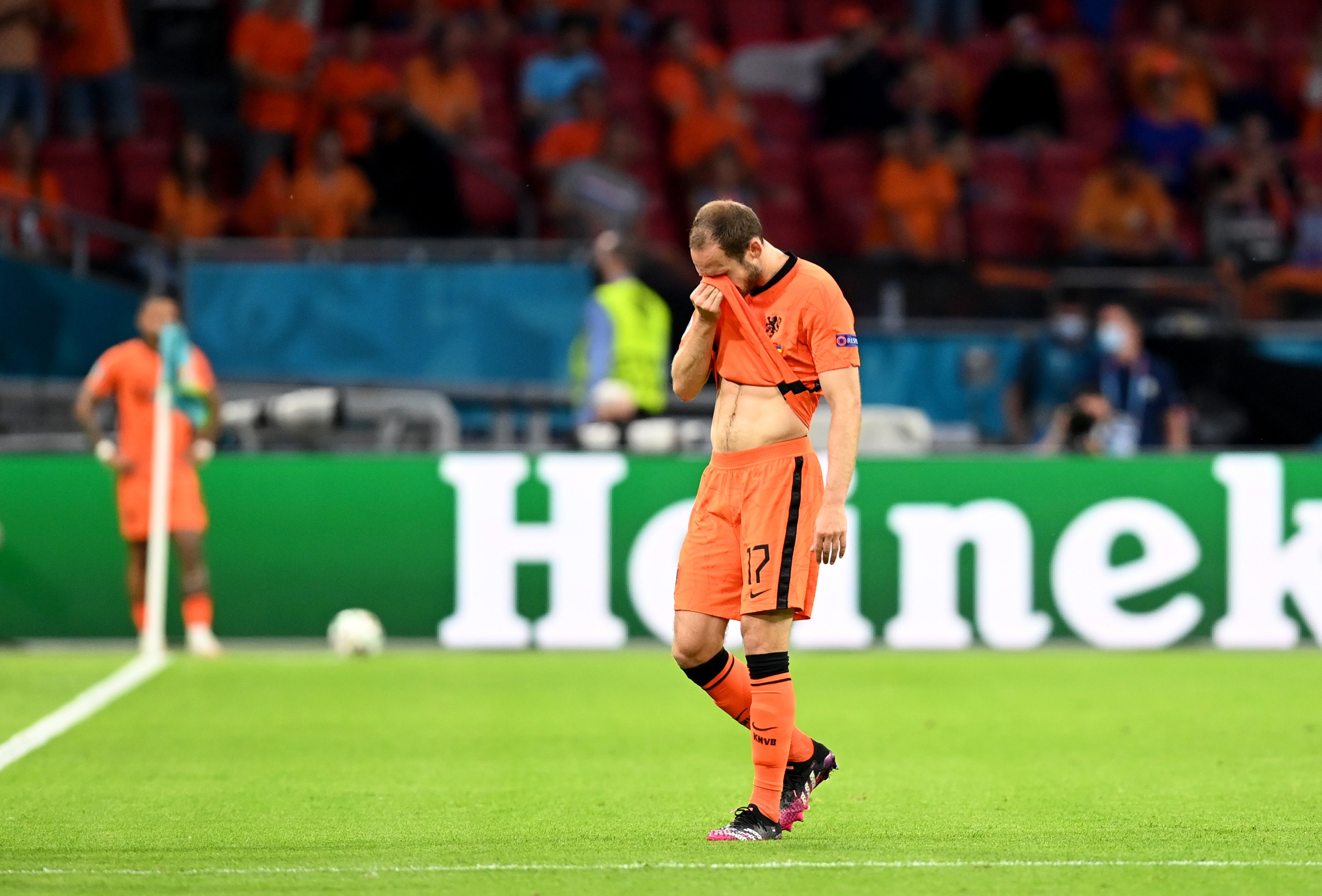 Daley Blind of Netherlands reacts as he leaves the pitch