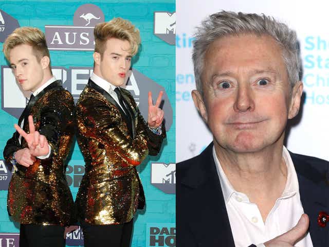 <p>Jedward and Louis Walsh</p>